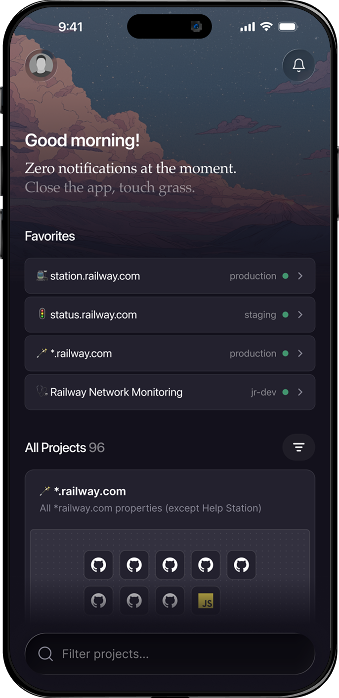 Railway mobile app showing the dashboard
