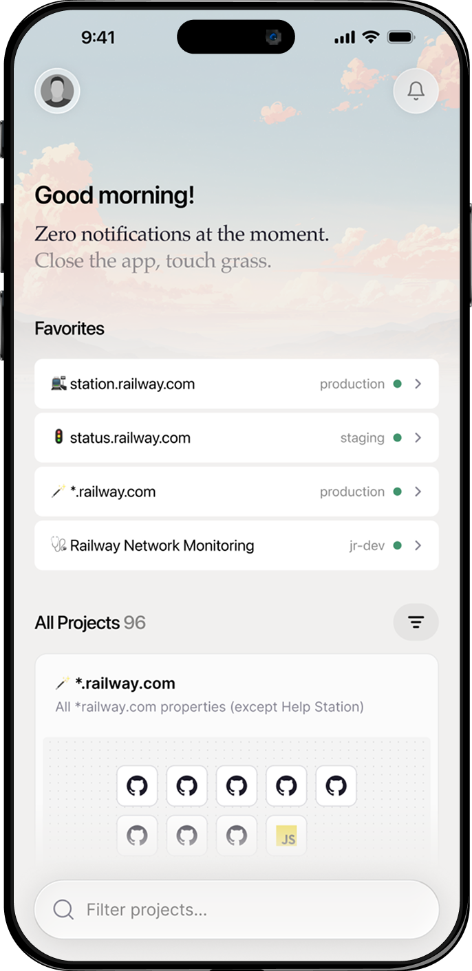 Railway mobile app showing the dashboard